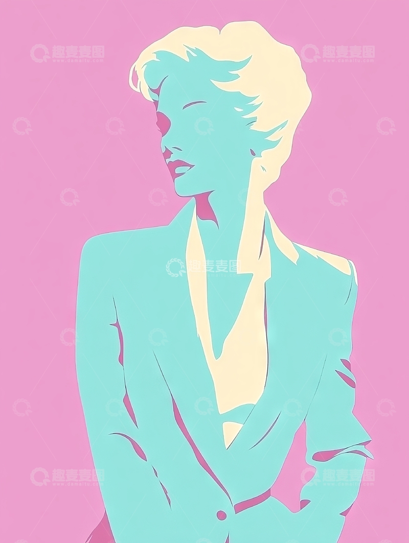 高清大图下载【趣麦麦图】粉色背景下的蓝衣金发女性剪影