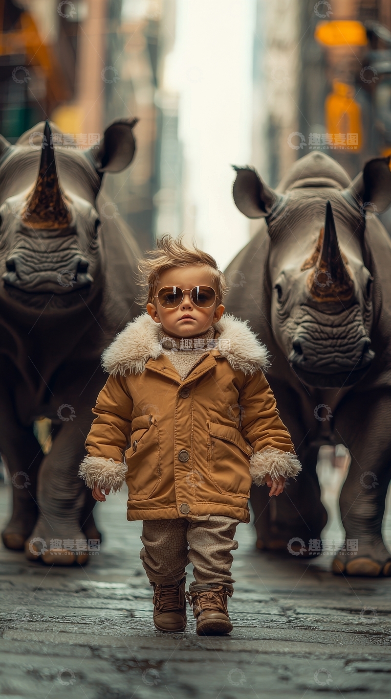 高清大图下载【趣麦麦图】街头小孩与犀牛的奇幻相遇