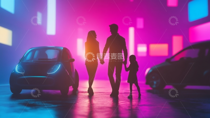 高清大图下载【趣麦麦图】霓虹灯下一家三口牵手漫步