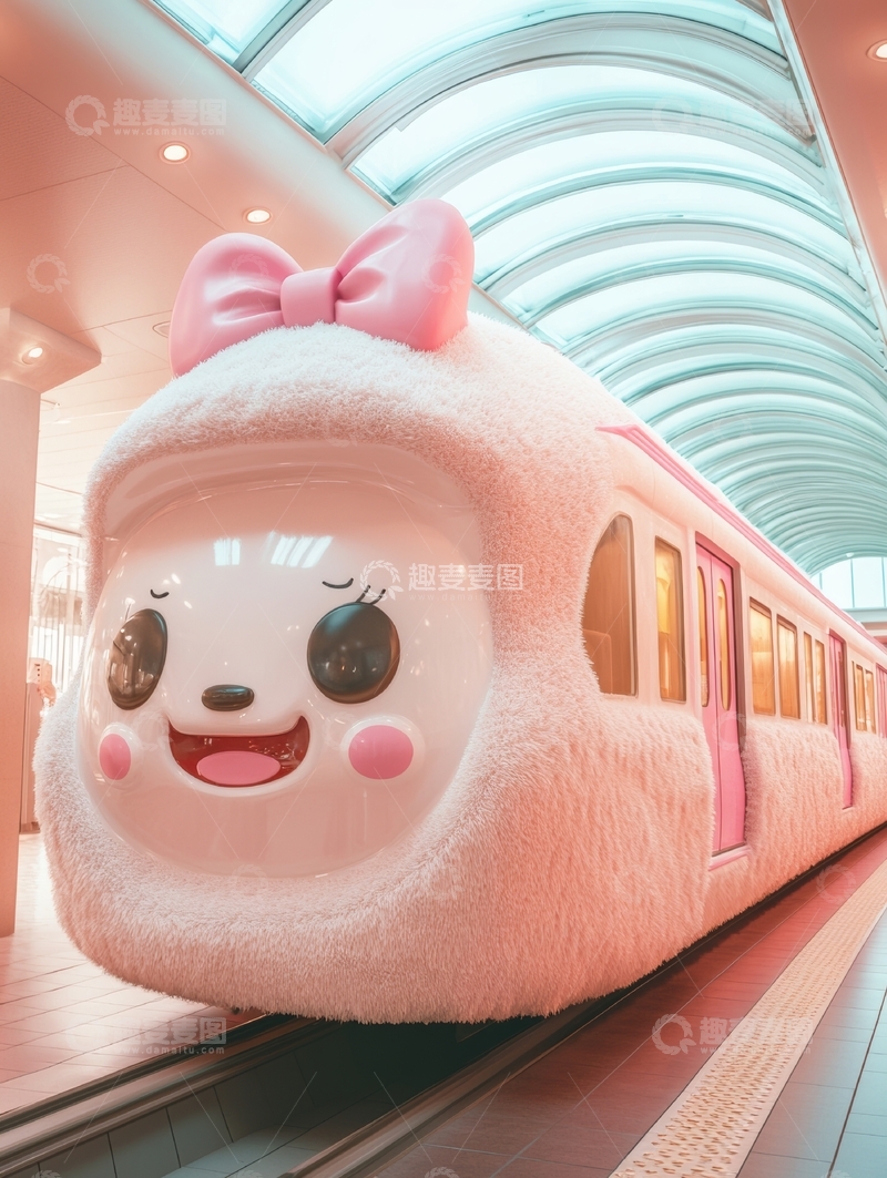 高清大图下载【趣麦麦图】粉色卡通火车停靠在现代化车站