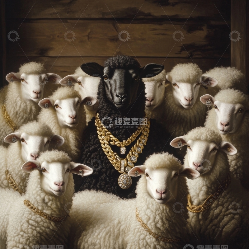 高清大图下载【趣麦麦图】黑羊佩戴金链，众白羊环绕