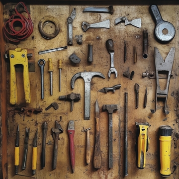 木板上的各式工具排列