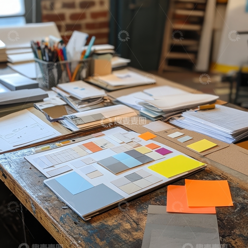 高清大图下载【趣麦麦图】工作台上的色彩样本与设计工具