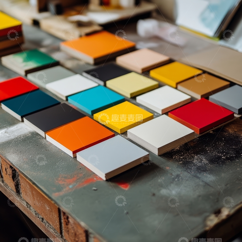 高清大图下载【趣麦麦图】色彩斑斓的方形样板排列在工作台上