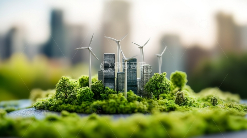 高清大图下载【趣麦麦图】绿色城市模型与风力发电机