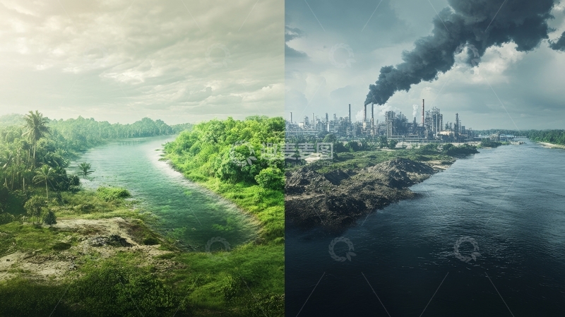 高清大图下载【趣麦麦图】自然与工业对比：河流两岸景象
