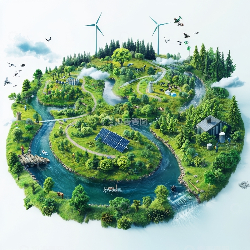 高清大图下载【趣麦麦图】生态岛屿：绿色能源与自然和谐共生