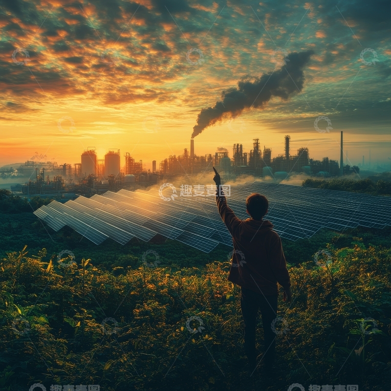 高清大图下载【趣麦麦图】夕阳下，太阳能板与工业烟雾的对比