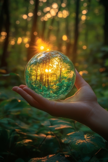 手握水晶球，映射森林美景