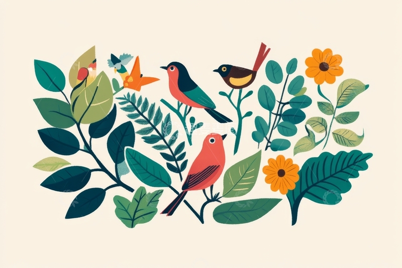 高清大图下载【趣麦麦图】鸟儿栖息于花叶间的插画