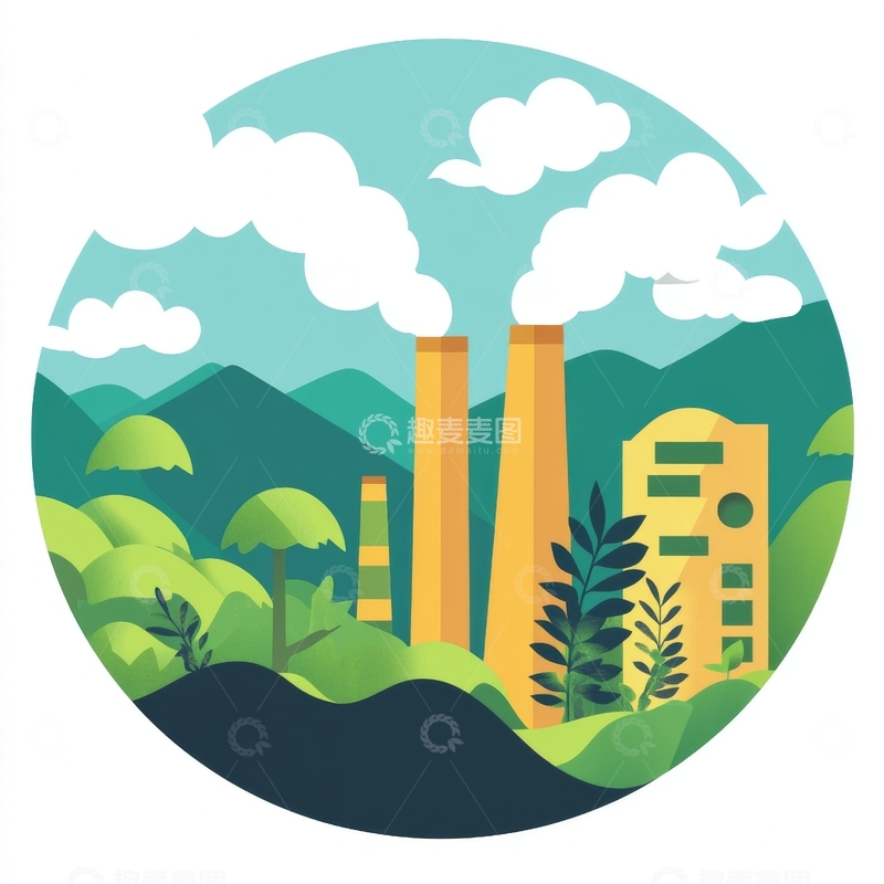 高清大图下载【趣麦麦图】工业烟囱与自然景观的和谐共存
