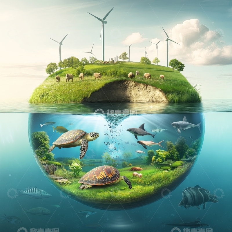 高清大图下载【趣麦麦图】生态岛屿：陆地与海洋的和谐共生
