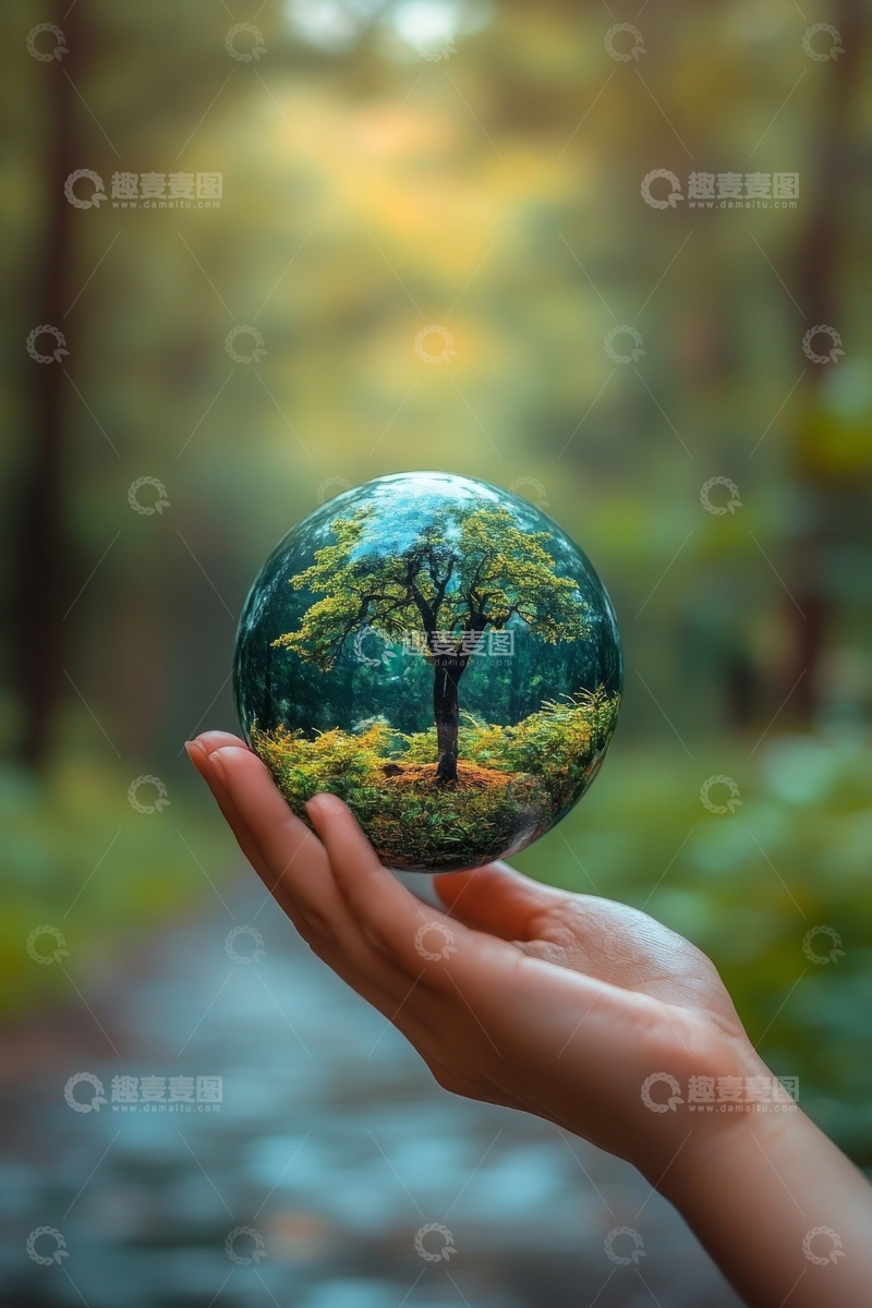高清大图下载【趣麦麦图】手托水晶球，映射森林美景