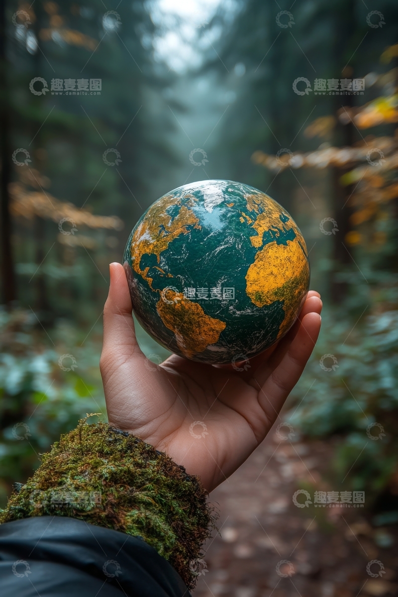高清大图下载【趣麦麦图】森林中手持地球仪