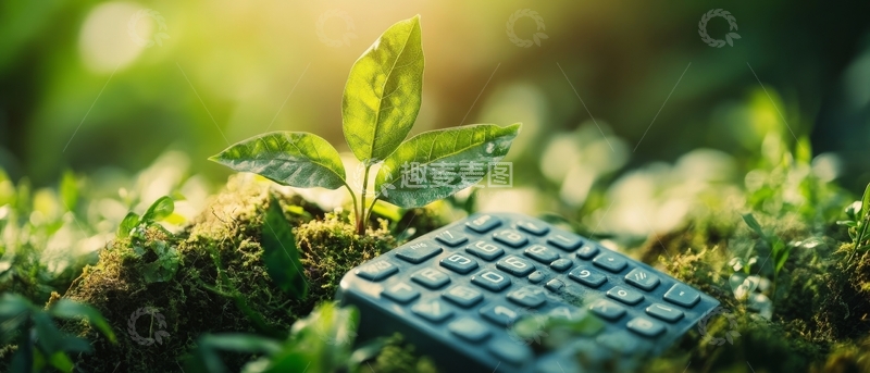 高清大图下载【趣麦麦图】计算器旁的嫩芽，象征绿色经济