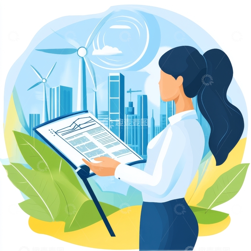高清大图下载【趣麦麦图】女性工程师审视风能设计蓝图