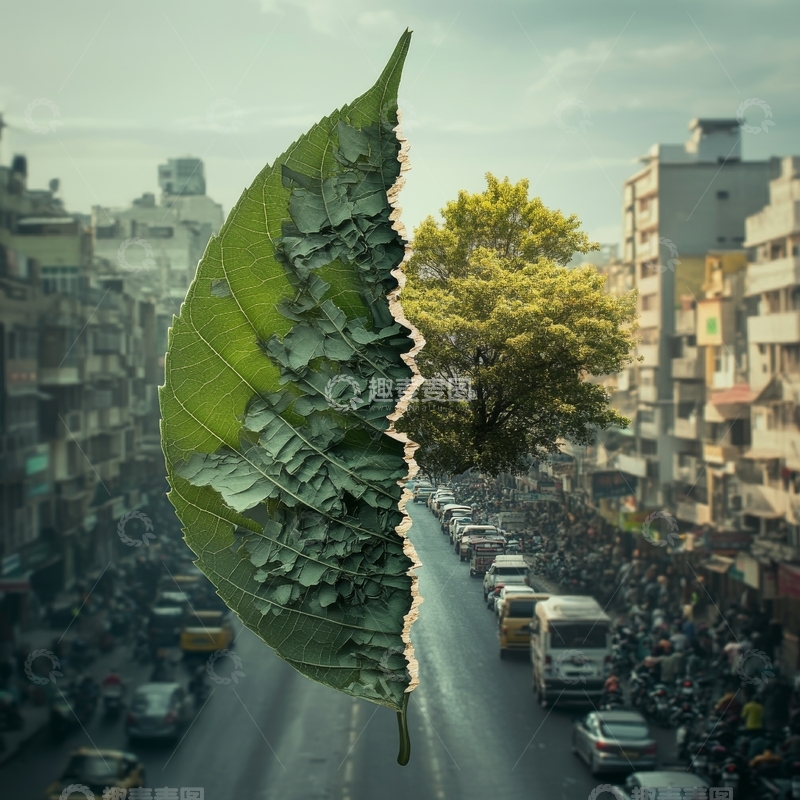 高清大图下载【趣麦麦图】城市与自然的融合：树叶中的绿树