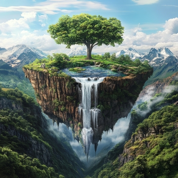 悬浮岛屿上的瀑布与绿树