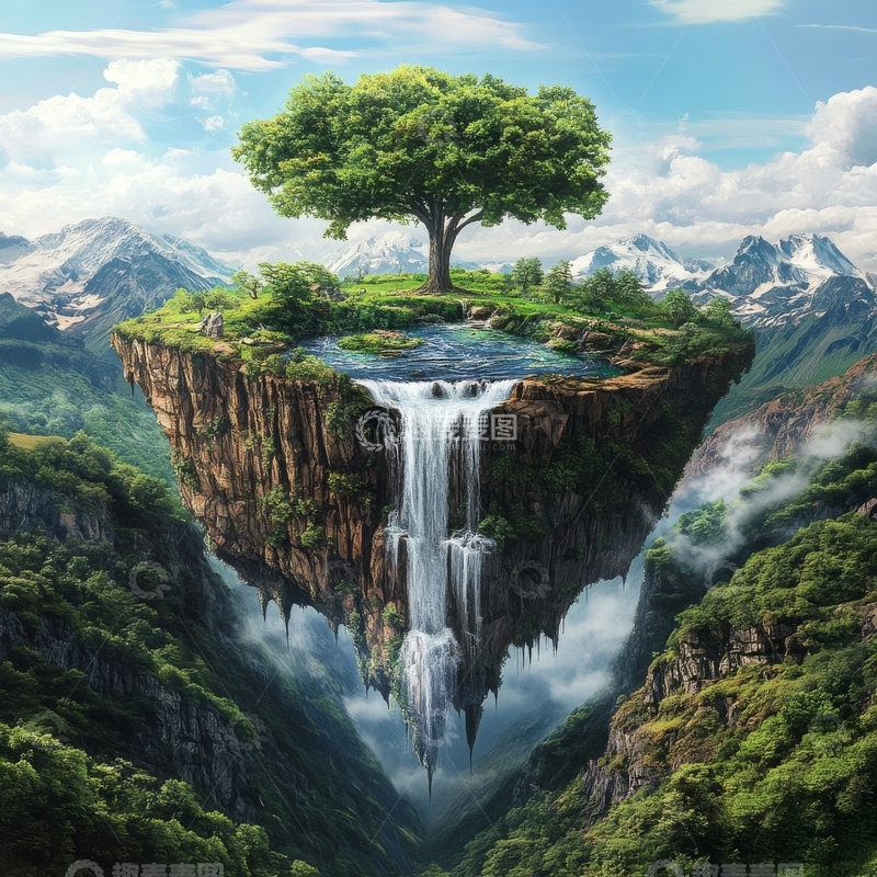 高清大图下载【趣麦麦图】悬浮岛屿上的瀑布与绿树