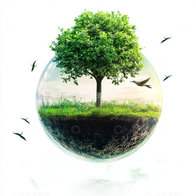 高清大图下载【趣麦麦图】玻璃球内的绿色树木与飞翔的鸟儿