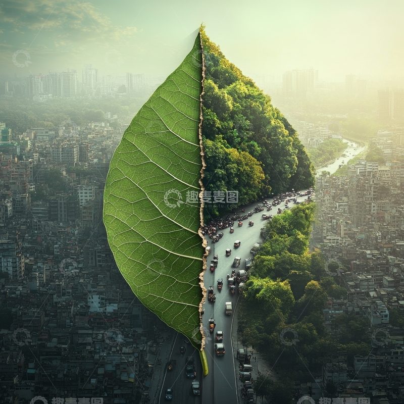 高清大图下载【趣麦麦图】城市与自然融合的绿色叶片