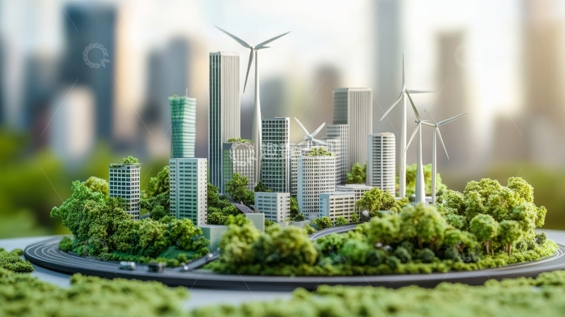 高清大图下载【趣麦麦图】绿色城市模型与风力发电机