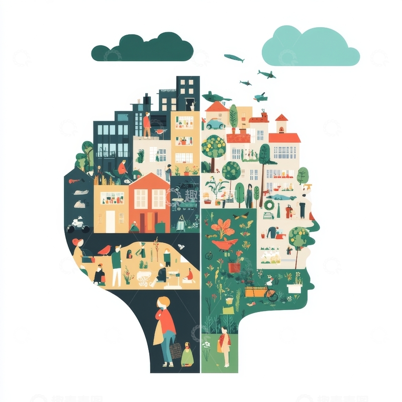 高清大图下载【趣麦麦图】城市与自然融合的创意插画