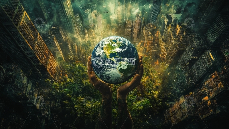 高清大图下载【趣麦麦图】双手托举地球于废墟之中