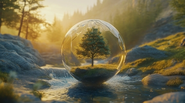 玻璃球中的树在溪流旁