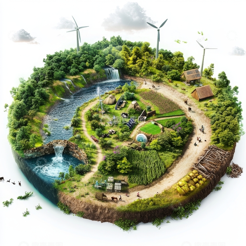 高清大图下载【趣麦麦图】生态岛屿：绿色能源与自然共生