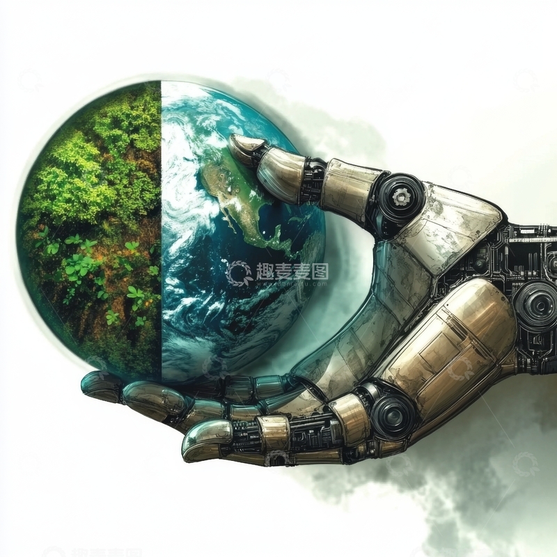 高清大图下载【趣麦麦图】机械手托举地球与森林