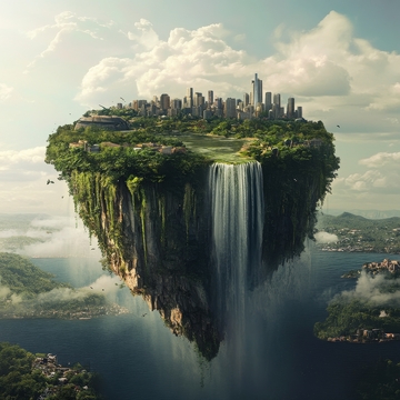 悬浮岛屿上的现代城市与瀑布