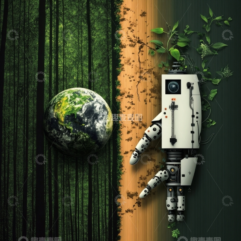 高清大图下载【趣麦麦图】机器人与地球：自然与科技的融合