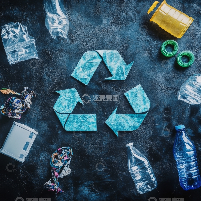 高清大图下载【趣麦麦图】回收标志与塑料垃圾的环保主题