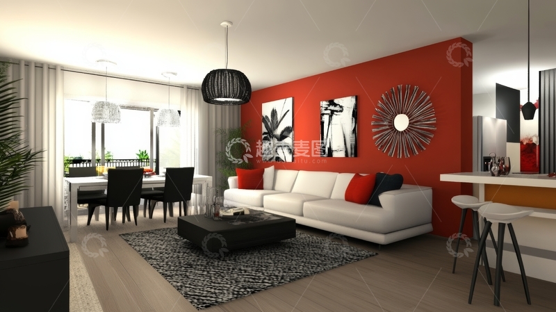 高清大图下载【趣麦麦图】现代客厅设计，红色墙面与简约家具