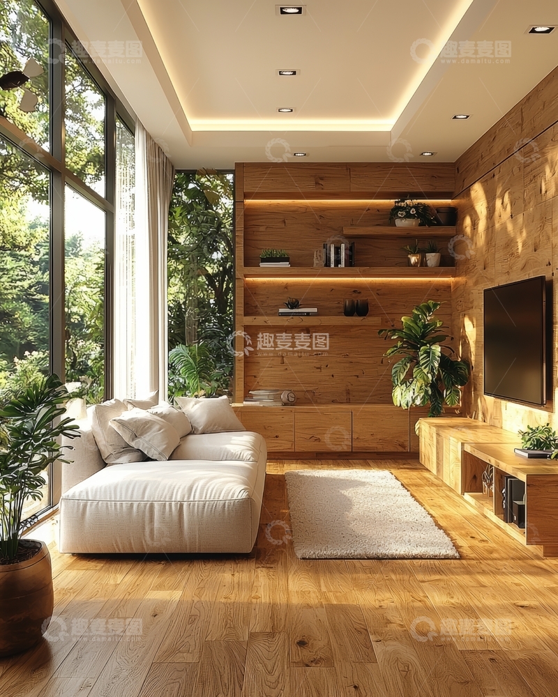 高清大图下载【趣麦麦图】现代木质客厅，自然光充足