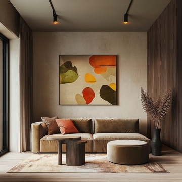 现代客厅布置，抽象画与舒适沙发