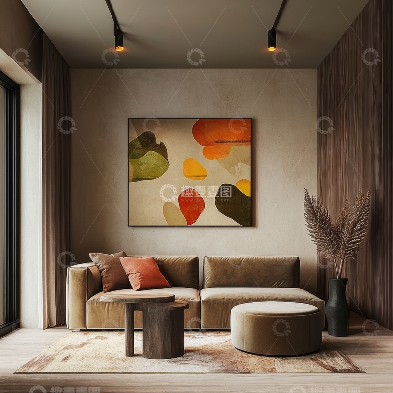 高清大图下载【趣麦麦图】现代客厅布置，抽象画与舒适沙发