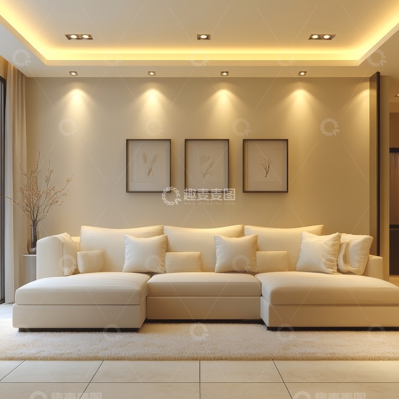 高清大图下载【趣麦麦图】现代简约客厅，米色沙发与温馨灯光