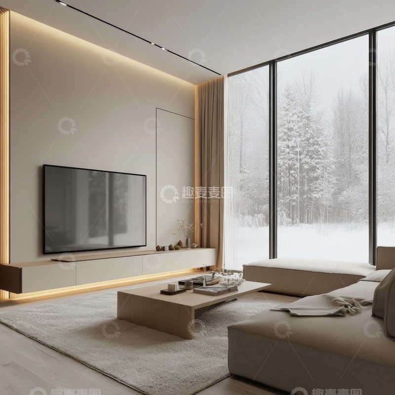 高清大图下载【趣麦麦图】现代简约客厅，窗外雪景映衬温馨氛围