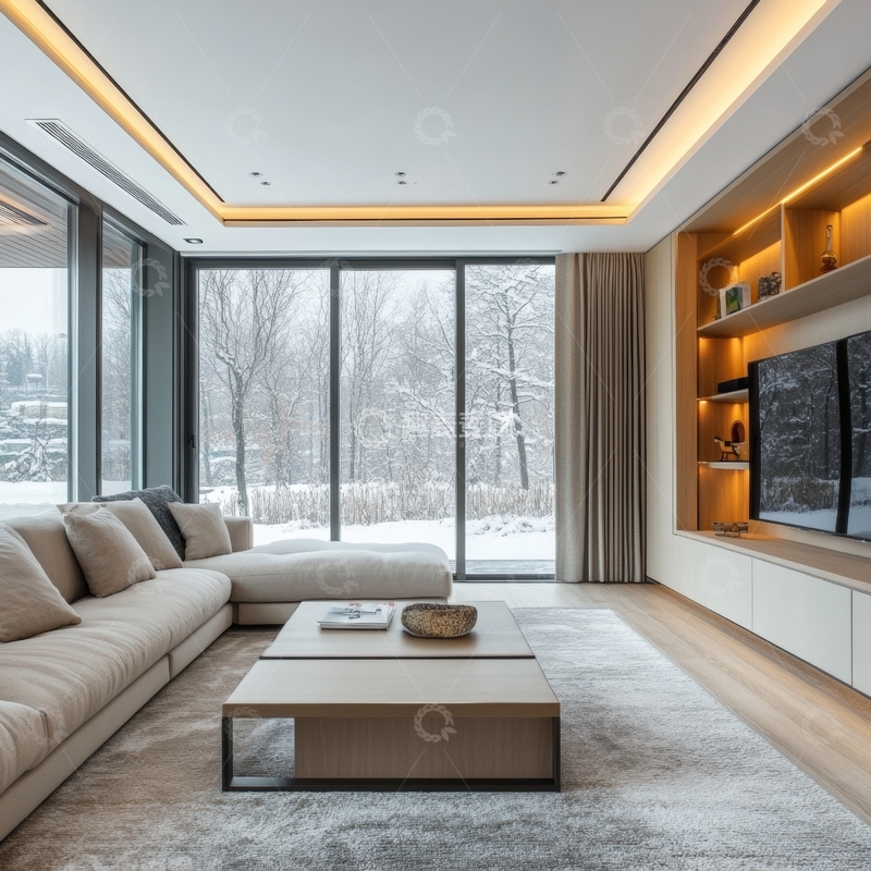 现代客厅设计，窗外雪景映衬温馨氛围