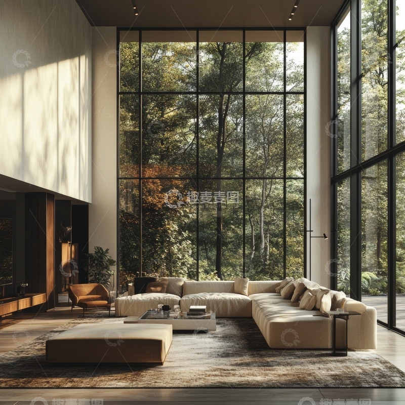 高清大图下载【趣麦麦图】现代客厅与自然景观的完美融合