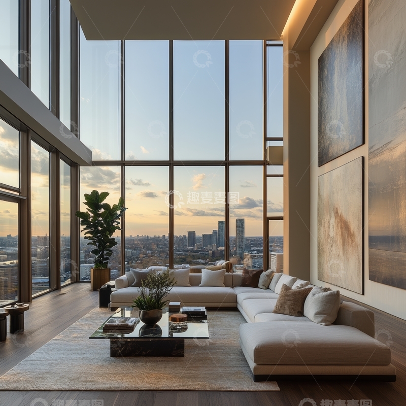 高清大图下载【趣麦麦图】现代客厅全景落地窗城市景观