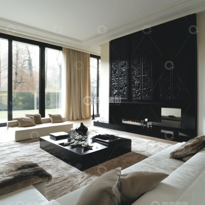 高清大图下载【趣麦麦图】现代客厅设计，黑白配色与自然光结合