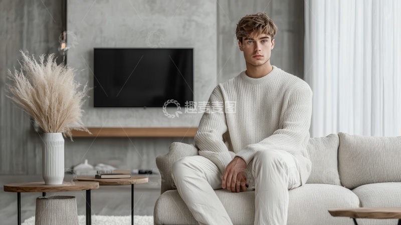 高清大图下载【趣麦麦图】室内休闲：男子坐在沙发上