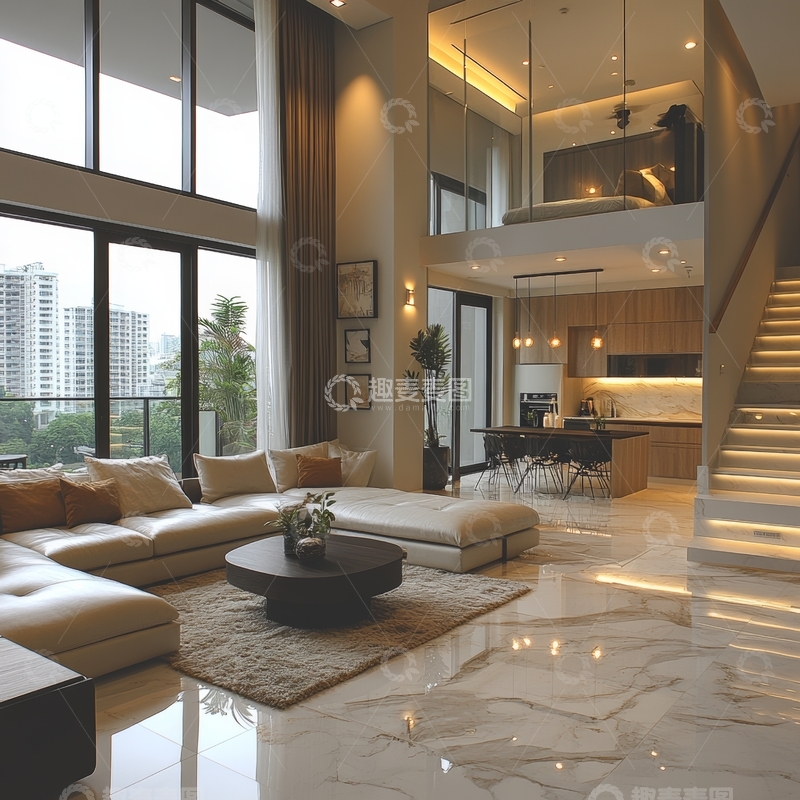 高清大图下载【趣麦麦图】现代豪华客厅与开放式厨房设计