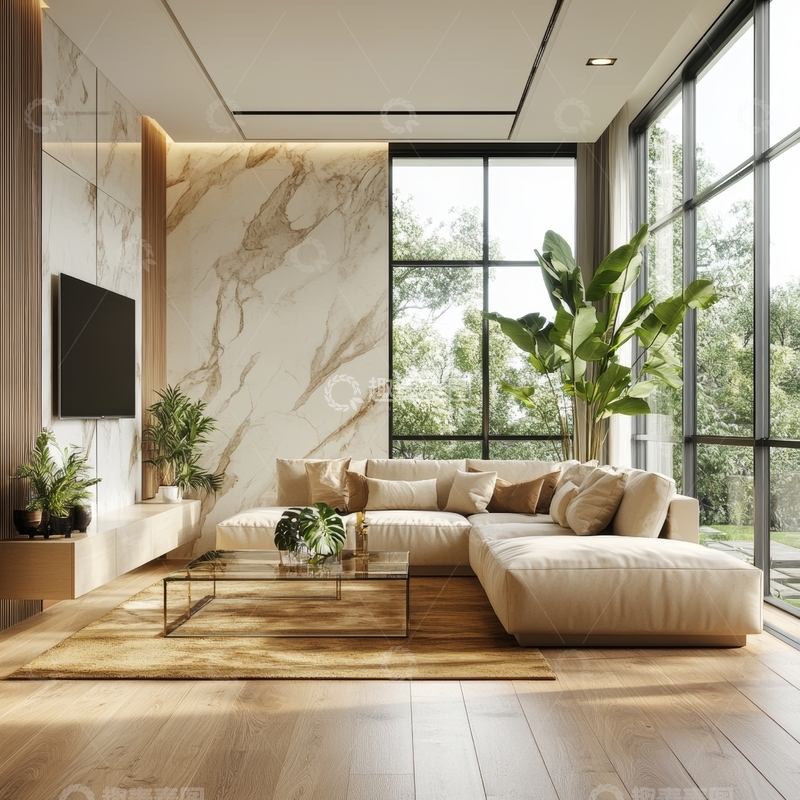 高清大图下载【趣麦麦图】现代客厅设计，大理石背景墙与绿植点缀