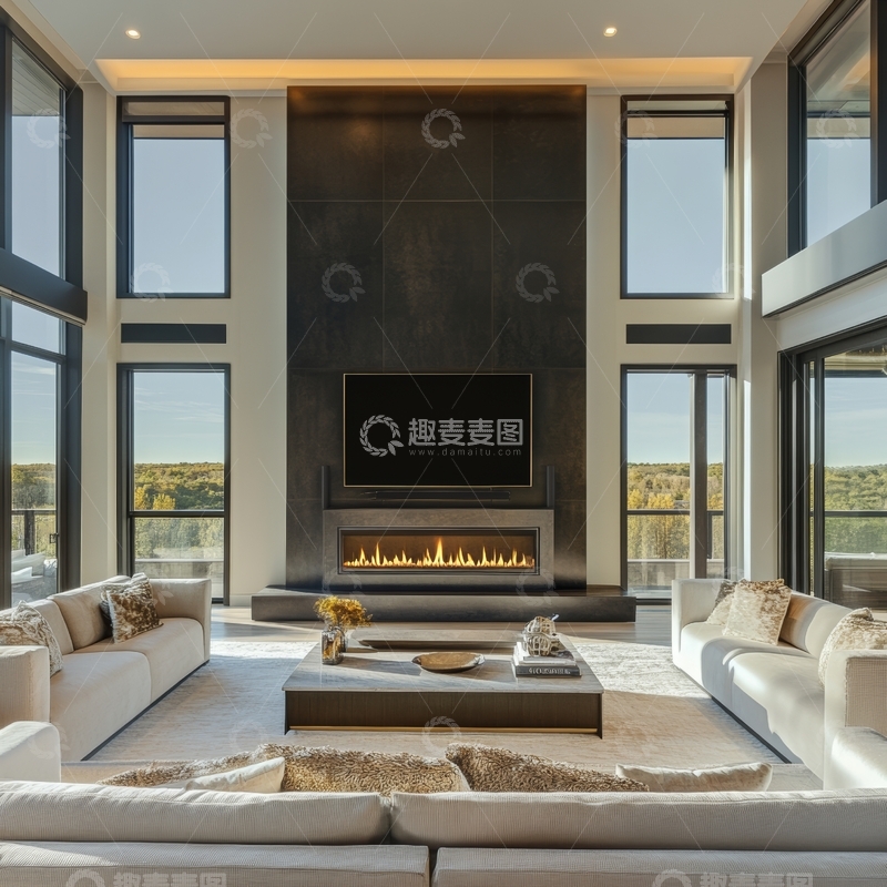 高清大图下载【趣麦麦图】现代客厅设计，双层挑高与壁炉