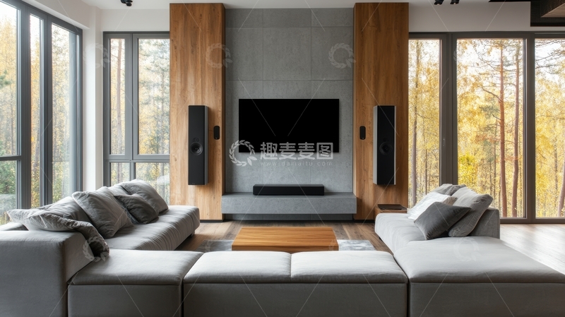 高清大图下载【趣麦麦图】现代客厅设计，全景窗与简约家具