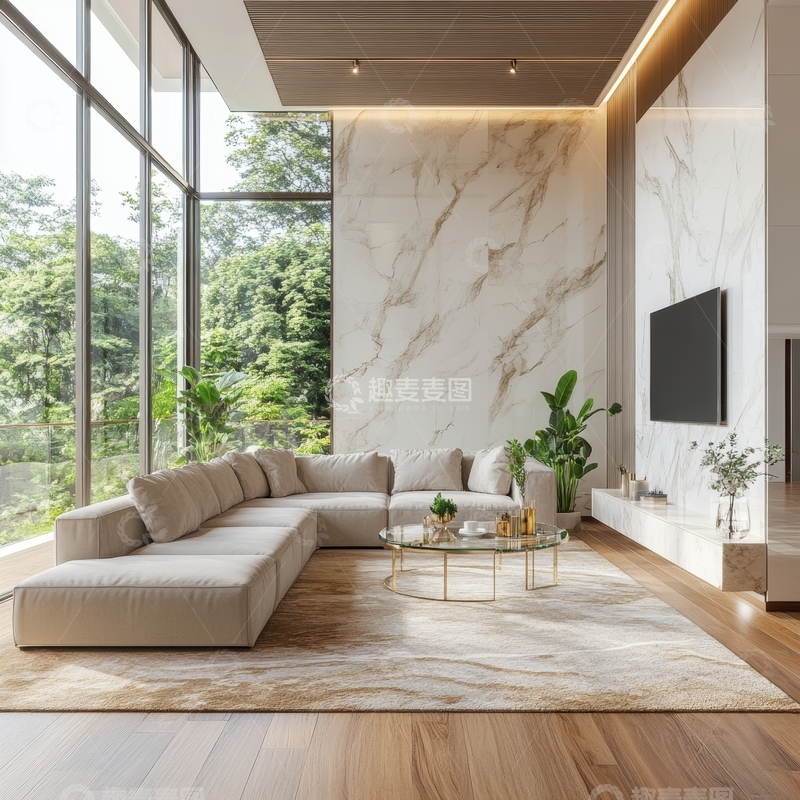 高清大图下载【趣麦麦图】现代客厅设计，大理石墙与大面积落地窗